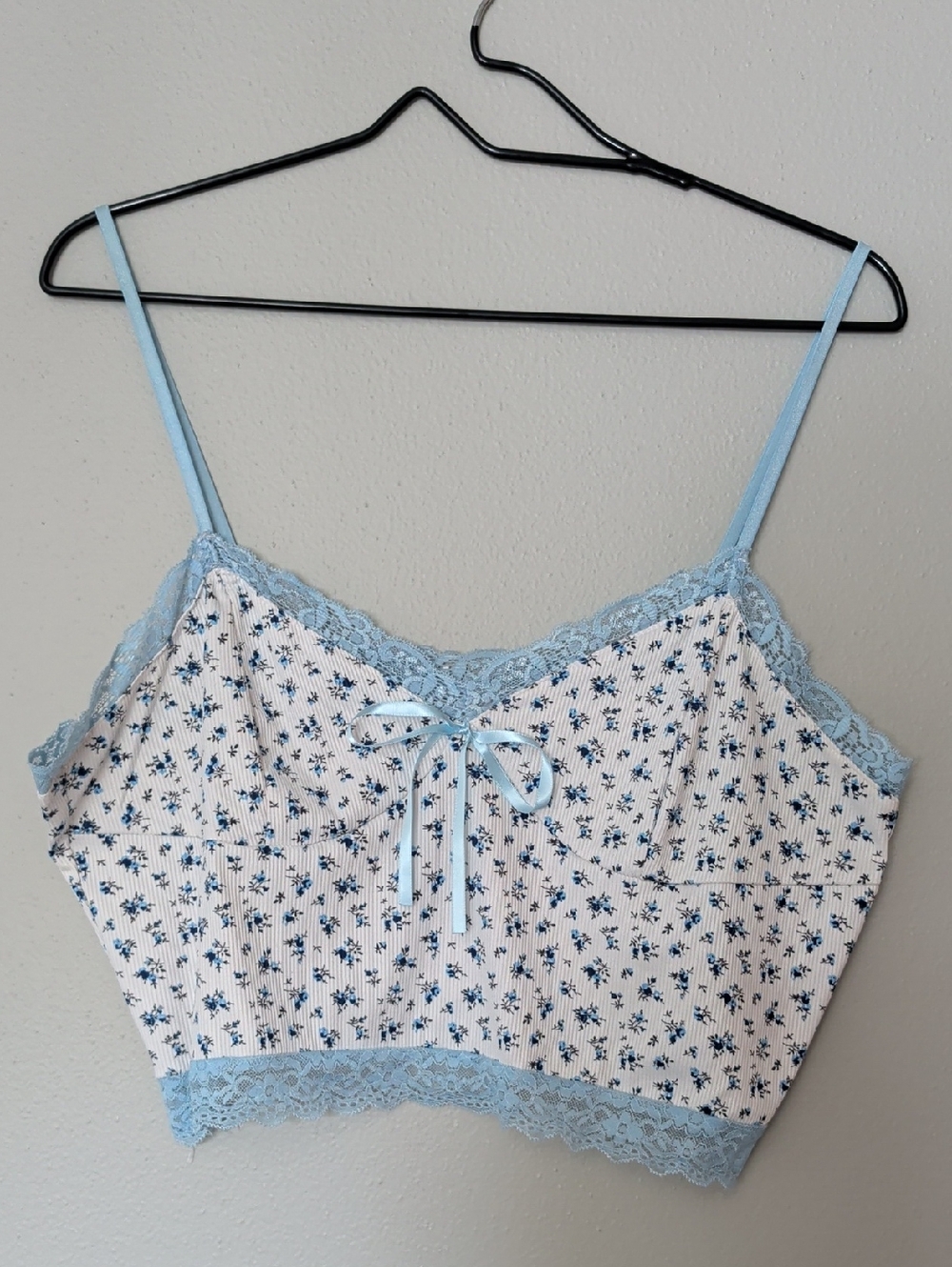 Light Blue Floral Lace-Trim Cami Top
